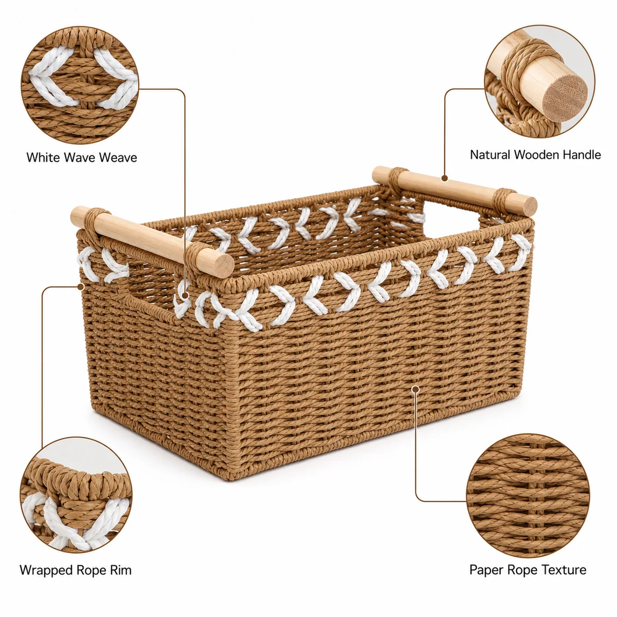 Wood Handle Paper Rope Rectangular 3-Piece Nested Storage Basket Set