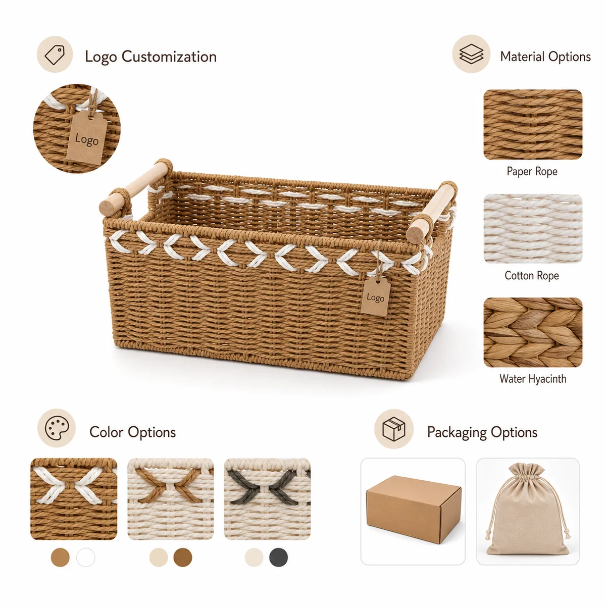 Wood Handle Paper Rope Rectangular 3-Piece Nested Storage Basket Set