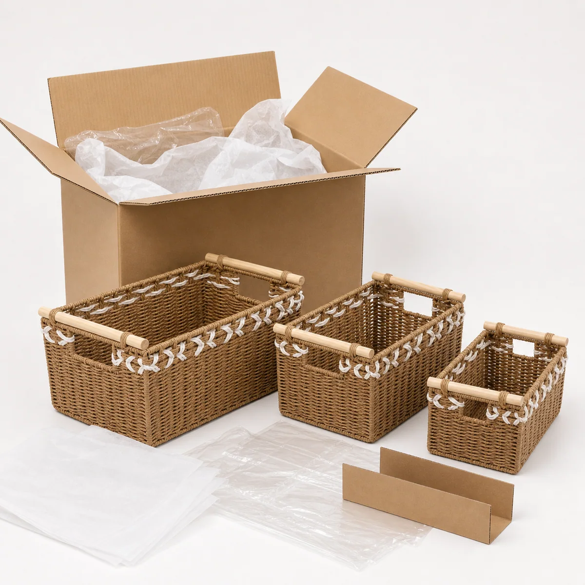 Wood Handle Paper Rope Rectangular 3-Piece Nested Storage Basket Set