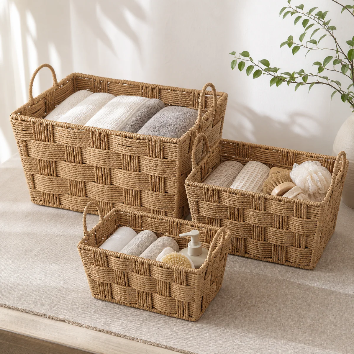 Honey Brown Paper Rope Rectangular 3-piece Nested Desktop Storage Basket