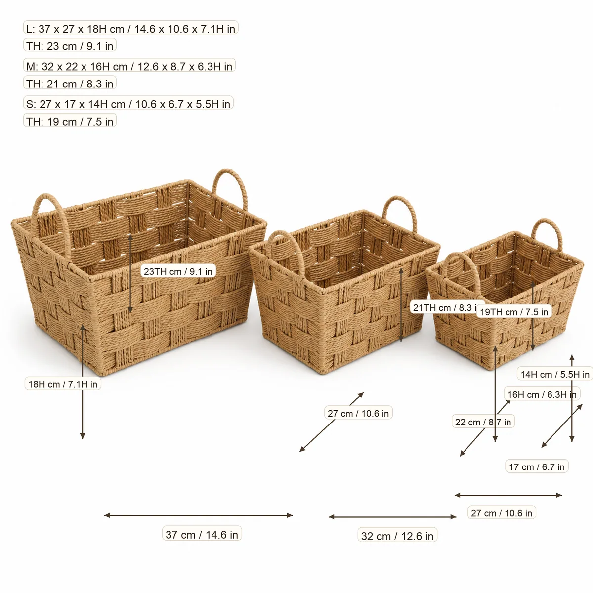 Honey Brown Paper Rope Rectangular 3-piece Nested Desktop Storage Basket