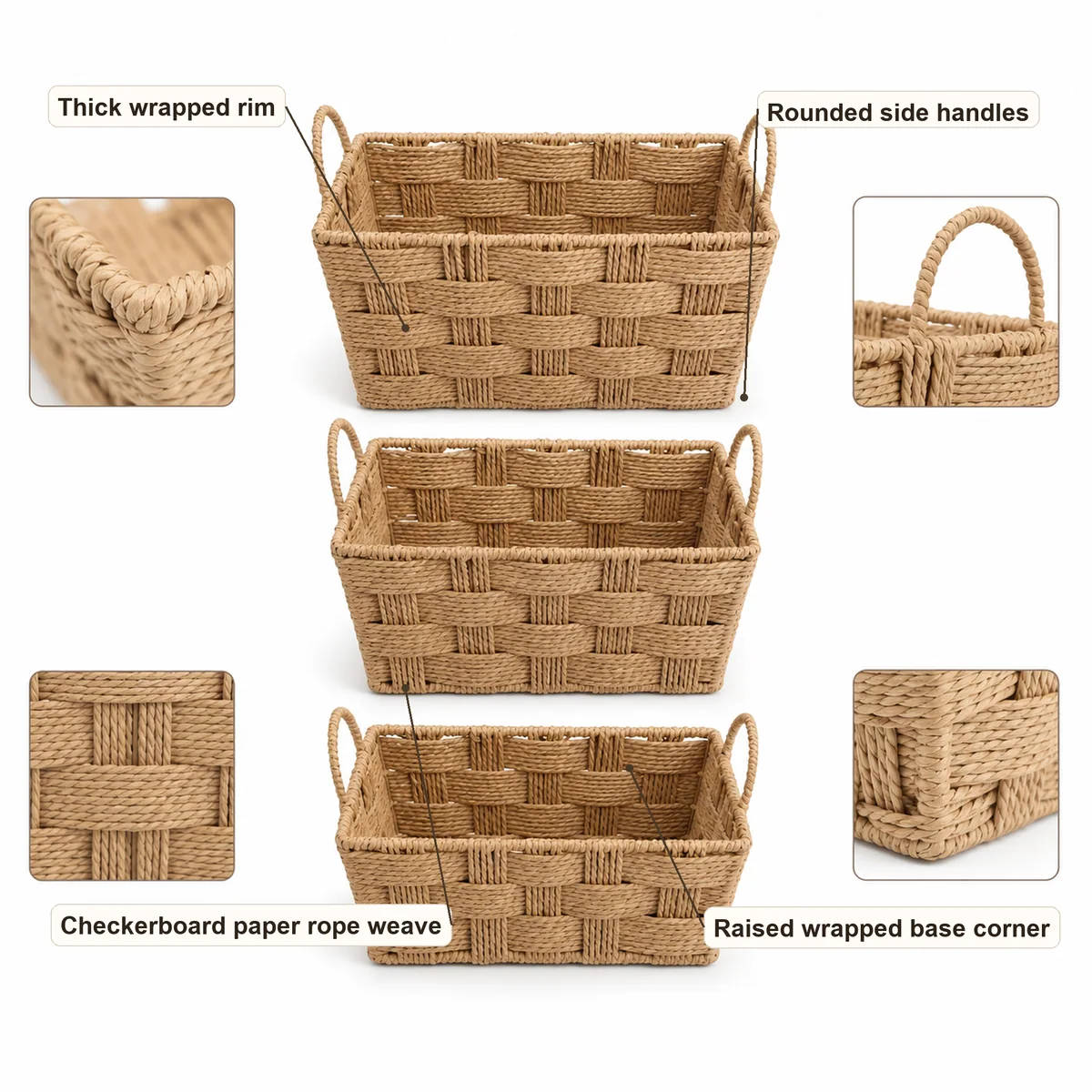 Honey Brown Paper Rope Rectangular 3-piece Nested Desktop Storage Basket