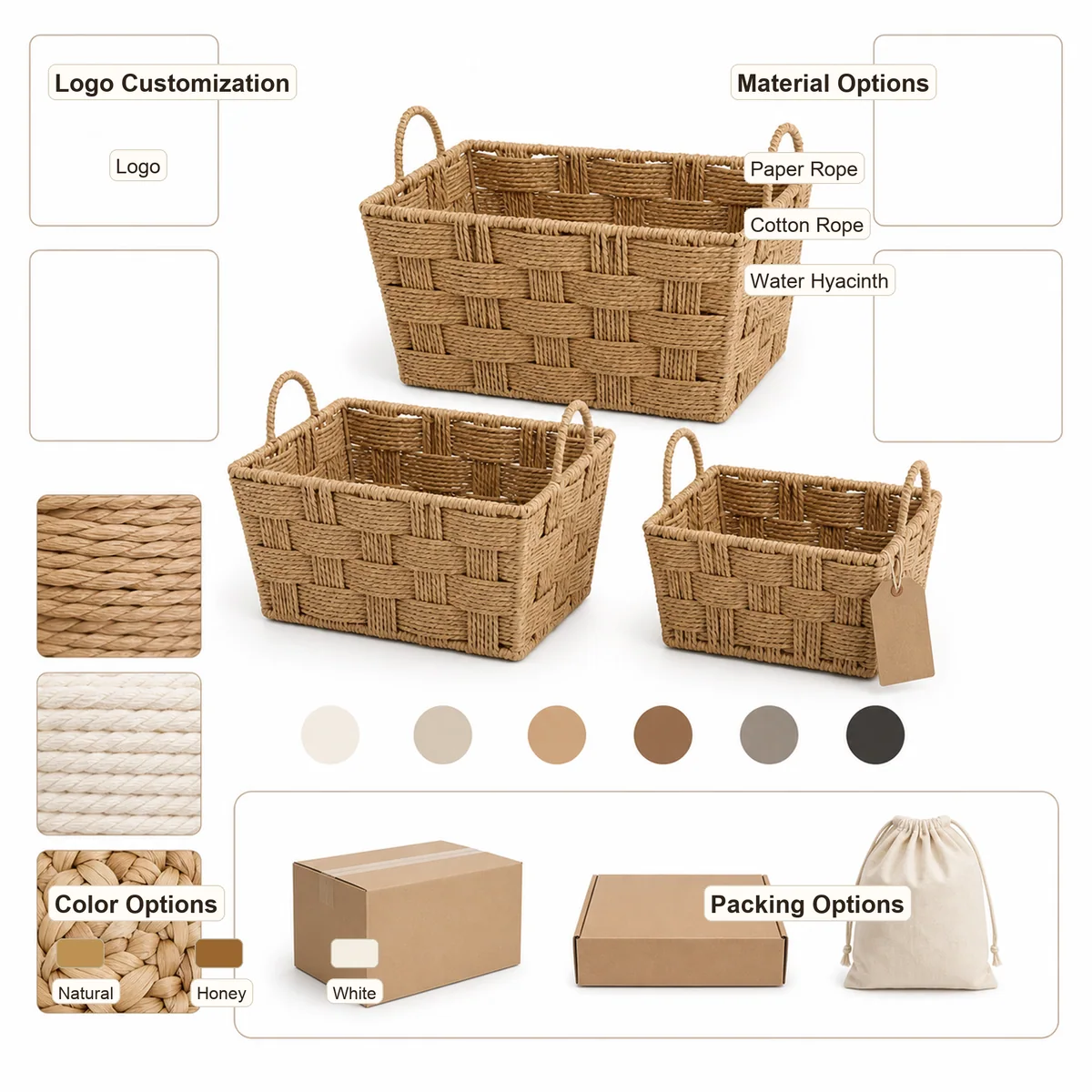 Honey Brown Paper Rope Rectangular 3-piece Nested Desktop Storage Basket