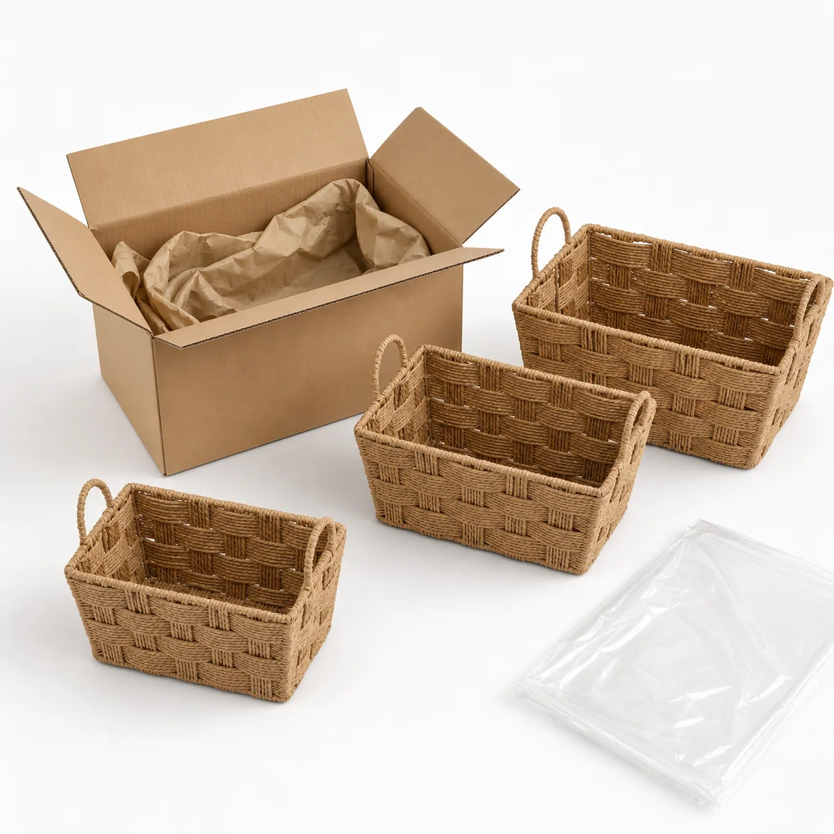Honey Brown Paper Rope Rectangular 3-piece Nested Desktop Storage Basket