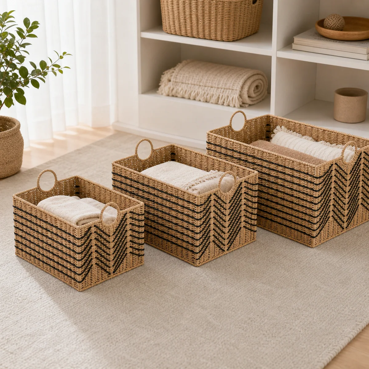 Natural Straw Brown Paper Rope Large Basket Set with Black Chevron Weave