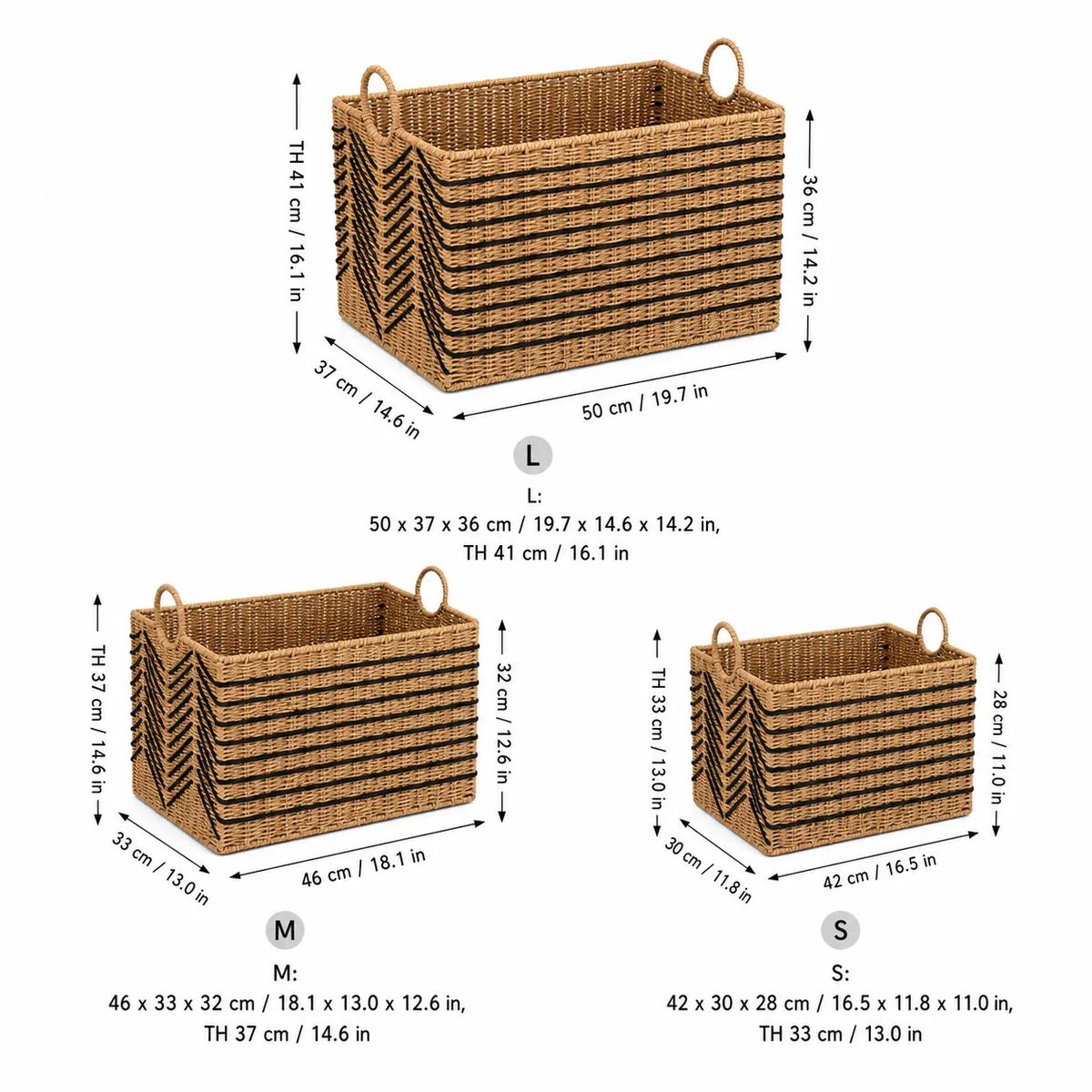 Natural Straw Brown Paper Rope Large Basket Set with Black Chevron Weave