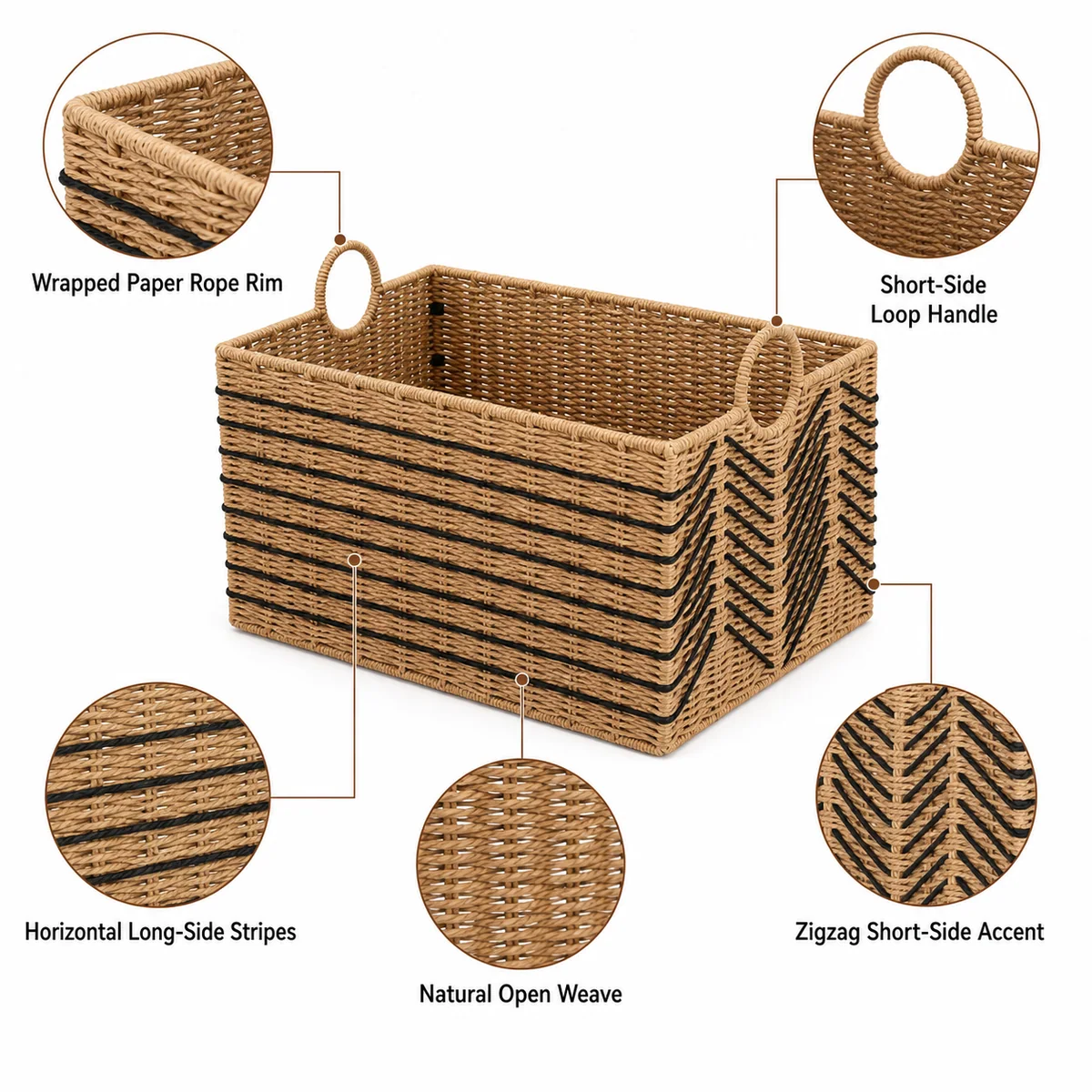 Natural Straw Brown Paper Rope Large Basket Set with Black Chevron Weave
