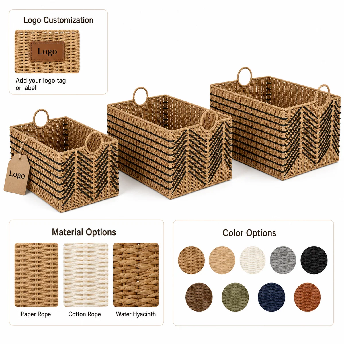 Natural Straw Brown Paper Rope Large Basket Set with Black Chevron Weave