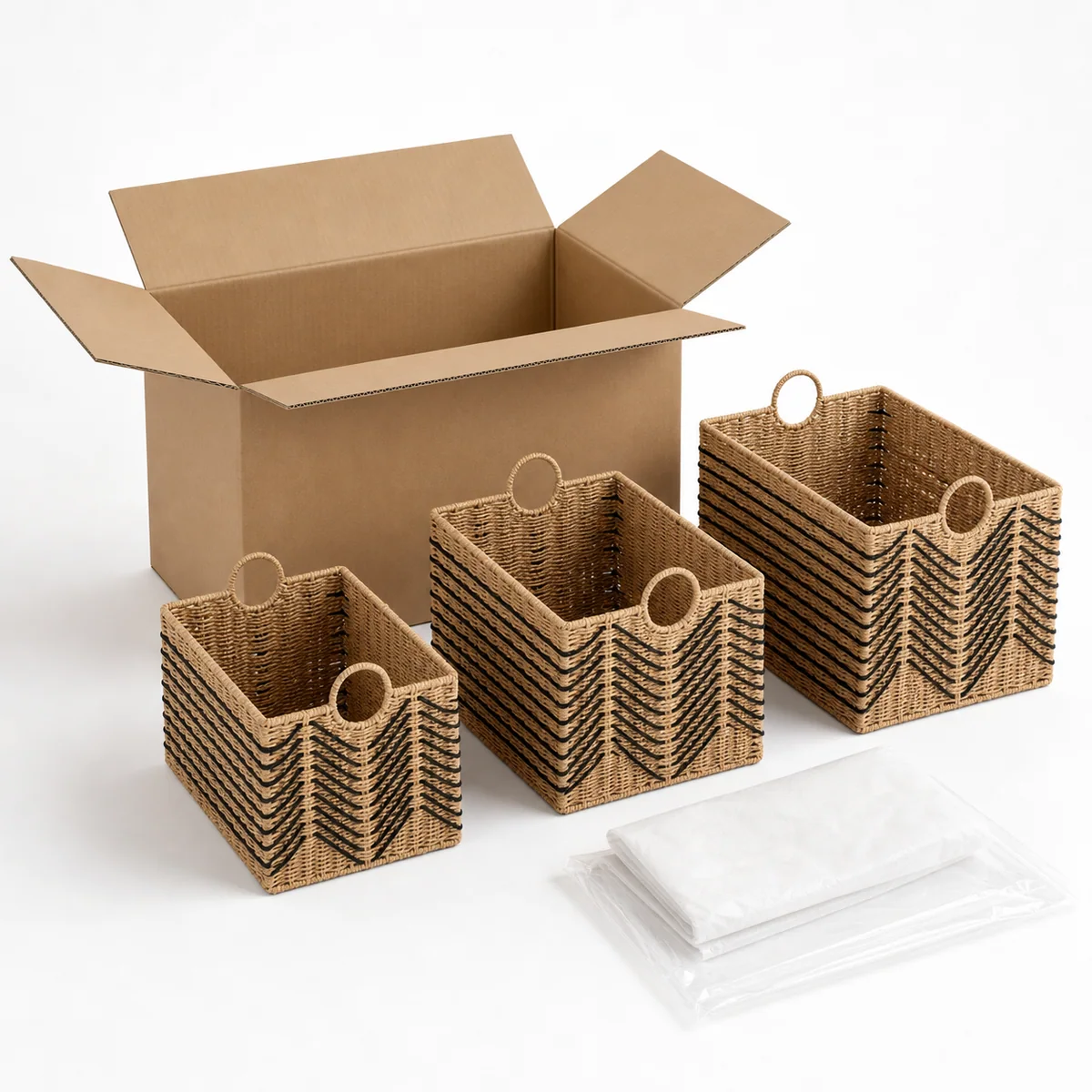 Natural Straw Brown Paper Rope Large Basket Set with Black Chevron Weave
