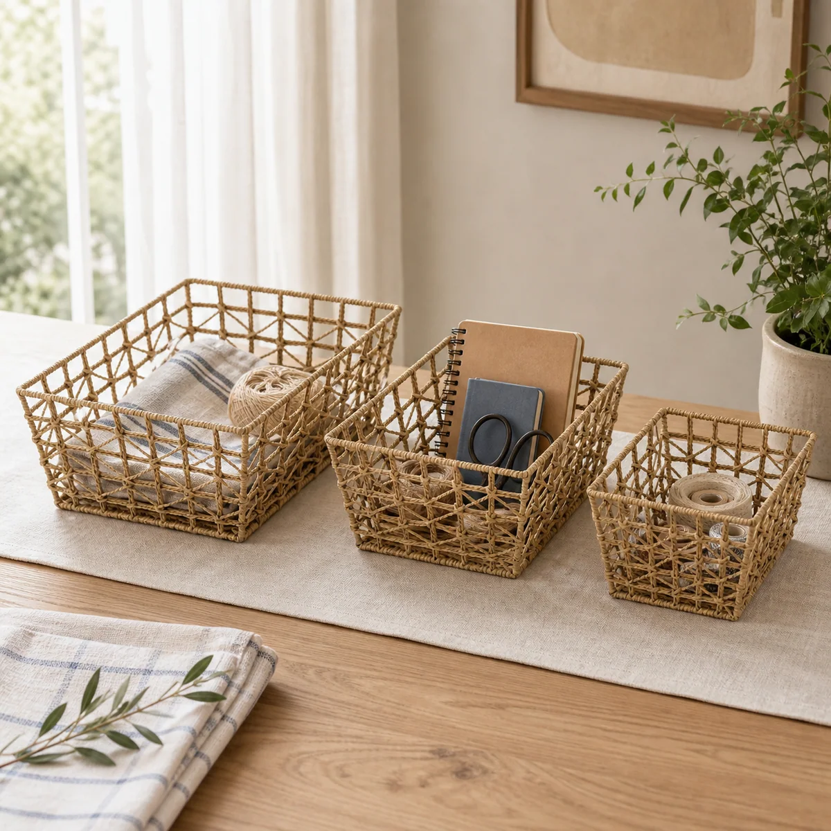 Natural Straw Brown Paper Rope Tapered Rectangular Nested Storage Basket Set