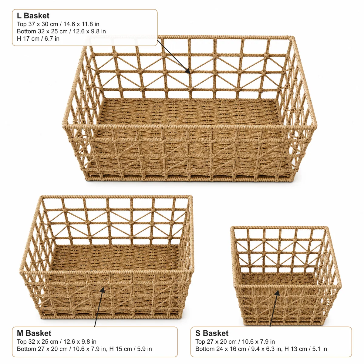 Natural Straw Brown Paper Rope Tapered Rectangular Nested Storage Basket Set