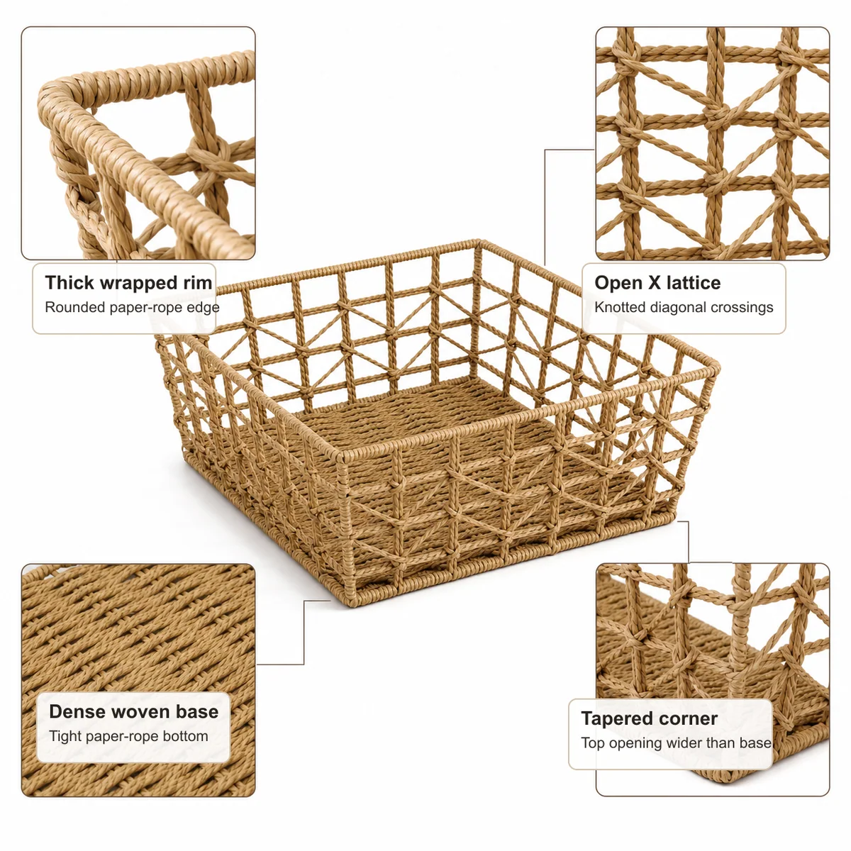 Natural Straw Brown Paper Rope Tapered Rectangular Nested Storage Basket Set