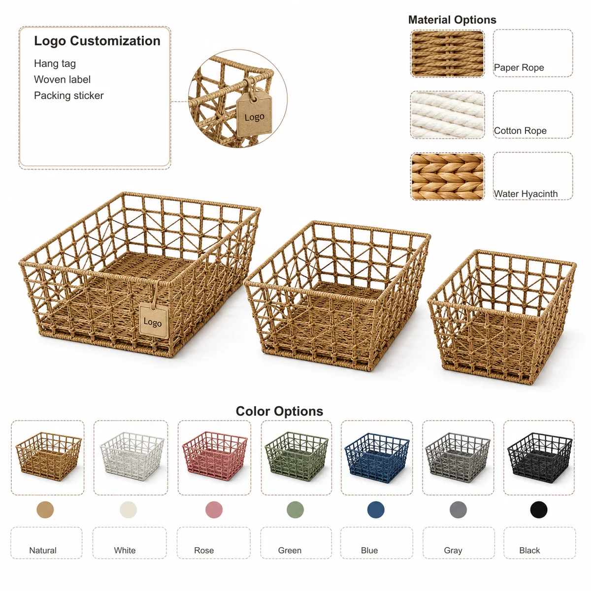 Natural Straw Brown Paper Rope Tapered Rectangular Nested Storage Basket Set