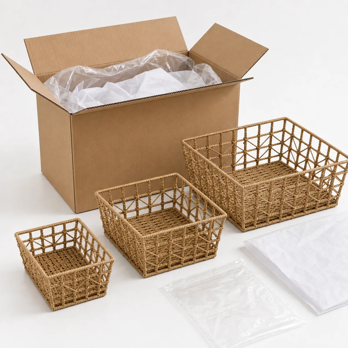 Natural Straw Brown Paper Rope Tapered Rectangular Nested Storage Basket Set