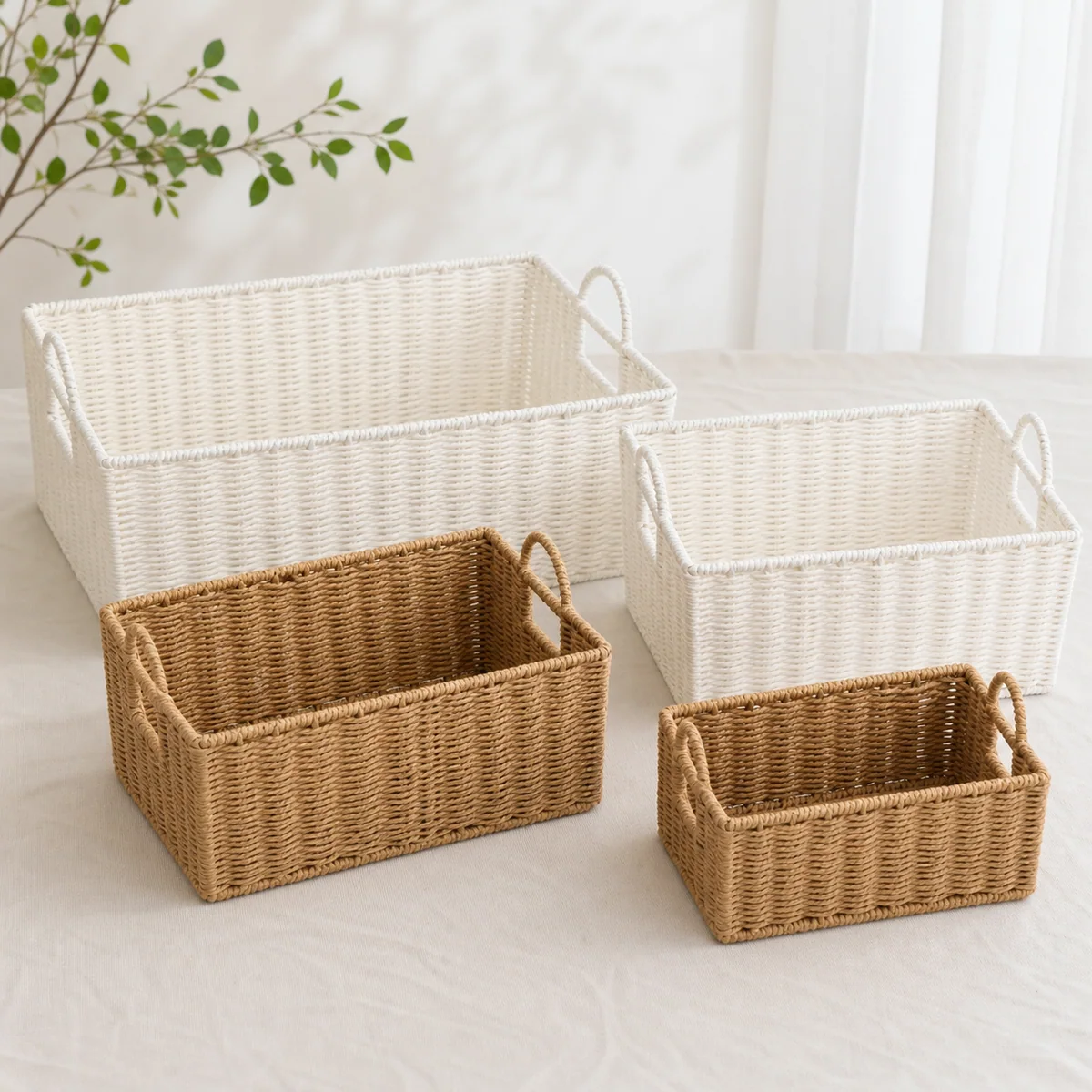 White and Natural Brown Paper Rope Rectangular 4-Piece Basket Set with Loop Handles