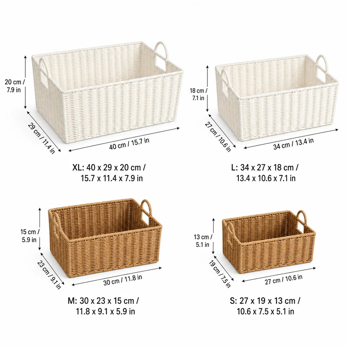 White and Natural Brown Paper Rope Rectangular 4-Piece Basket Set with Loop Handles