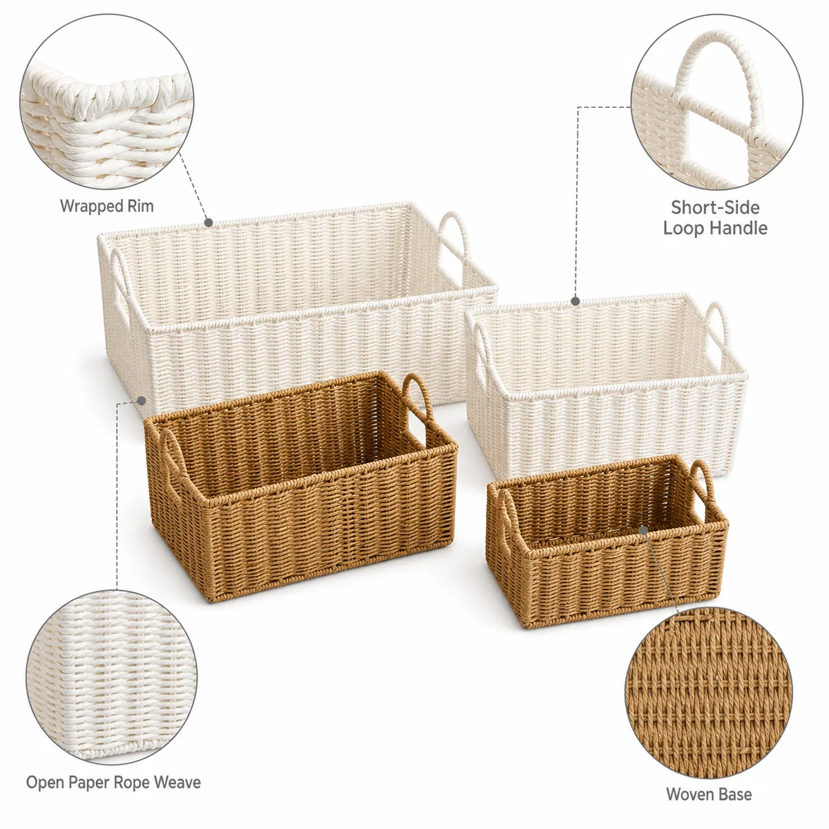 White and Natural Brown Paper Rope Rectangular 4-Piece Basket Set with Loop Handles