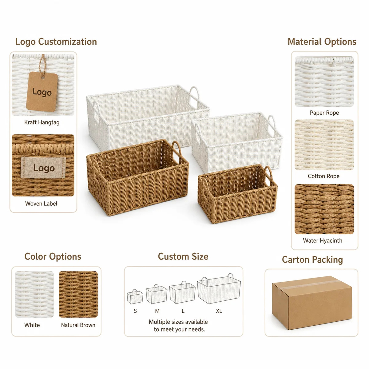 White and Natural Brown Paper Rope Rectangular 4-Piece Basket Set with Loop Handles