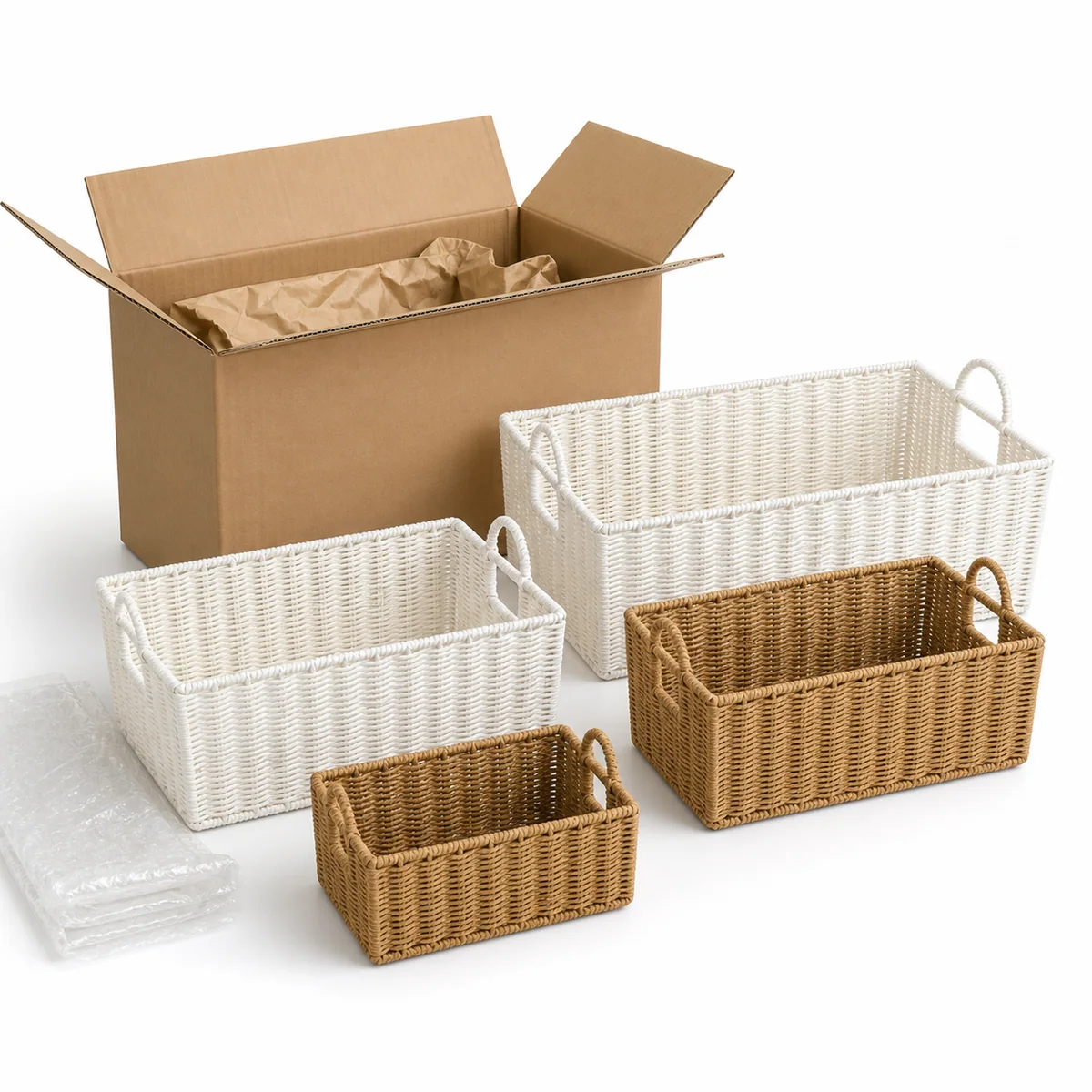 White and Natural Brown Paper Rope Rectangular 4-Piece Basket Set with Loop Handles