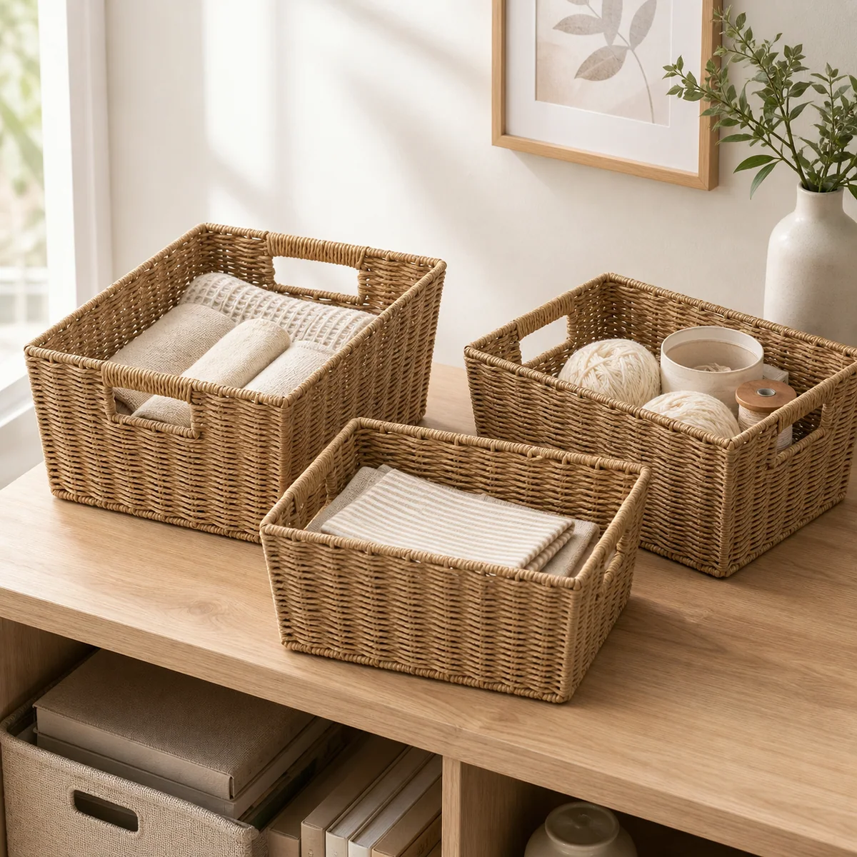 Natural Straw Brown Paper Rope Rectangular Nested Storage Basket Set