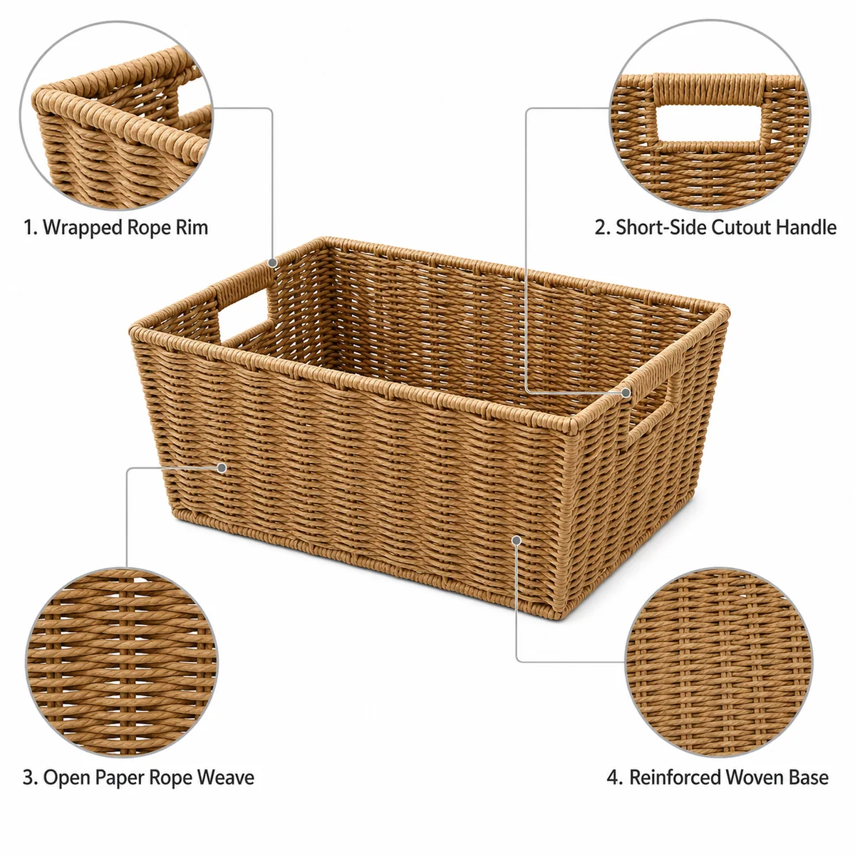Natural Straw Brown Paper Rope Rectangular Nested Storage Basket Set