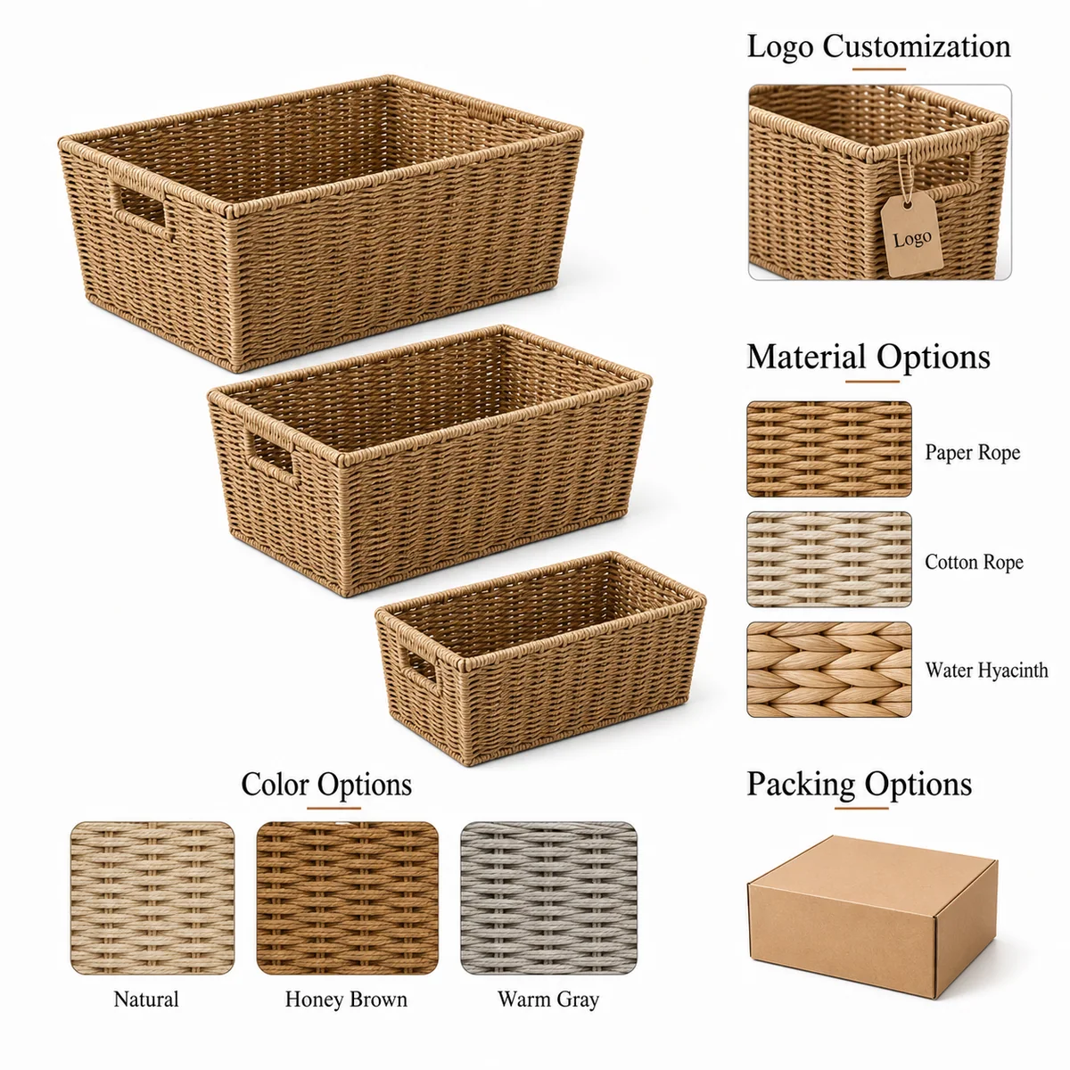 Natural Straw Brown Paper Rope Rectangular Nested Storage Basket Set