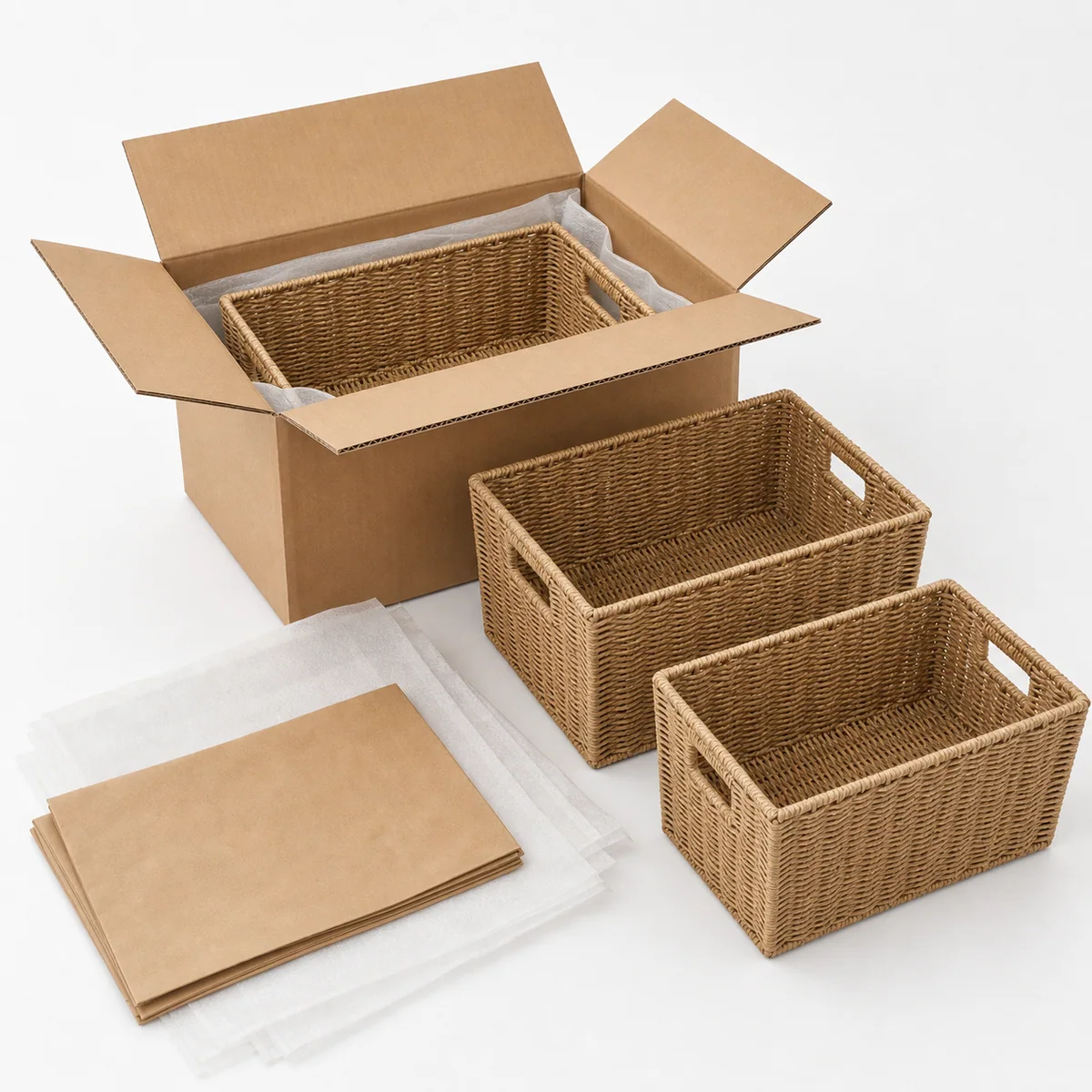 Natural Straw Brown Paper Rope Rectangular Nested Storage Basket Set