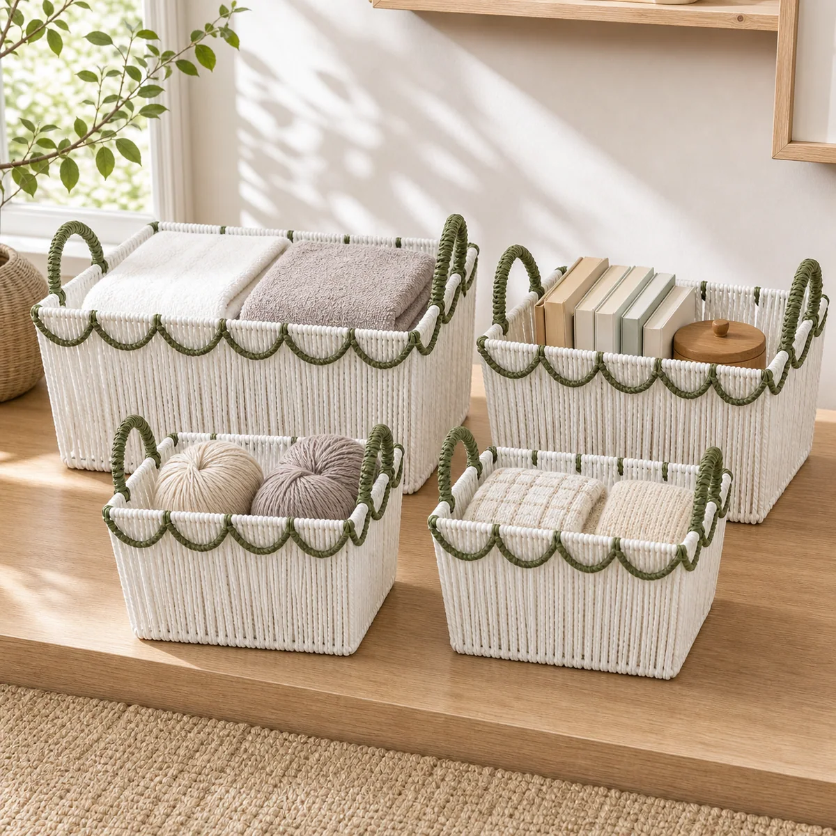 Multi-Color Paper Rope Rectangular 4-Piece Nested Basket Set with Loop Handles