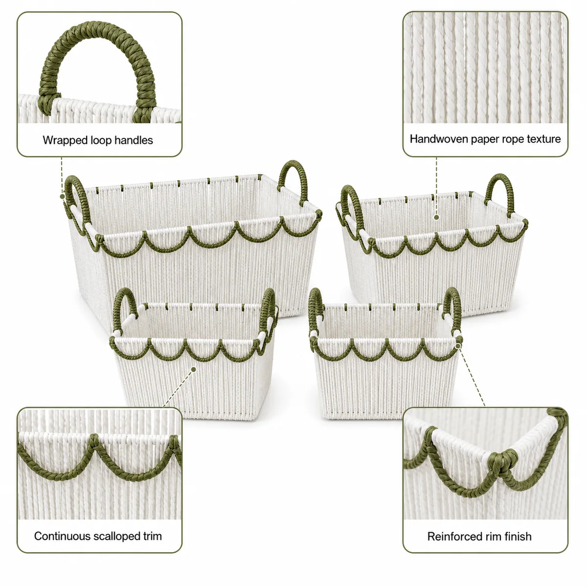 Multi-Color Paper Rope Rectangular 4-Piece Nested Basket Set with Loop Handles