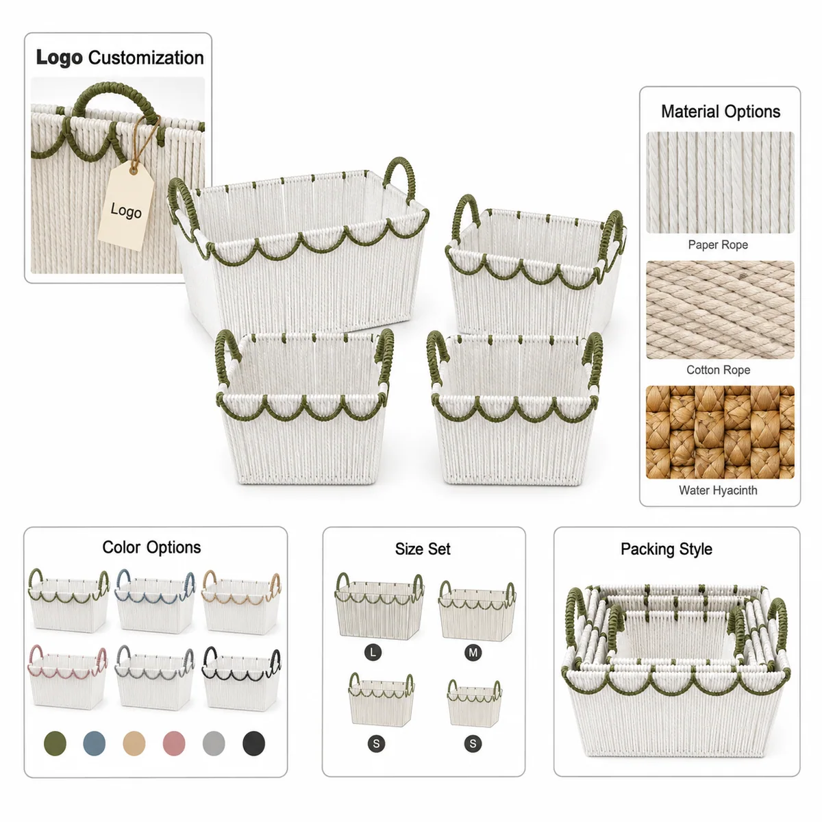 Multi-Color Paper Rope Rectangular 4-Piece Nested Basket Set with Loop Handles