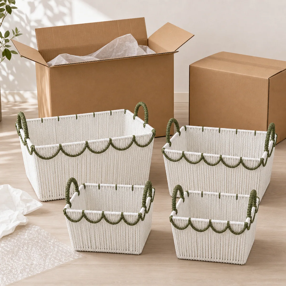 Multi-Color Paper Rope Rectangular 4-Piece Nested Basket Set with Loop Handles