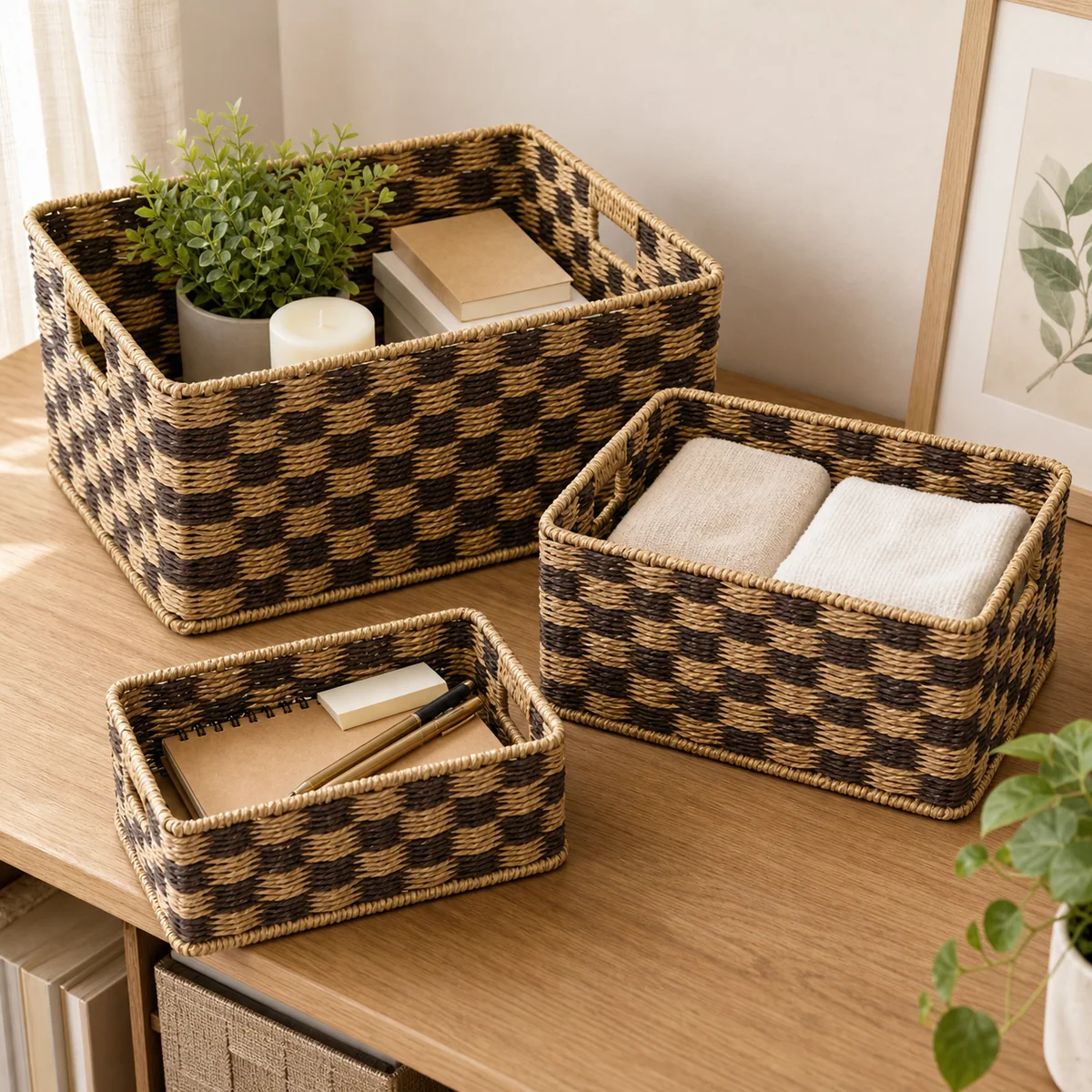 Natural and Dark Brown Wave Two-Tone Paper Rope Rectangular Nested Basket Set