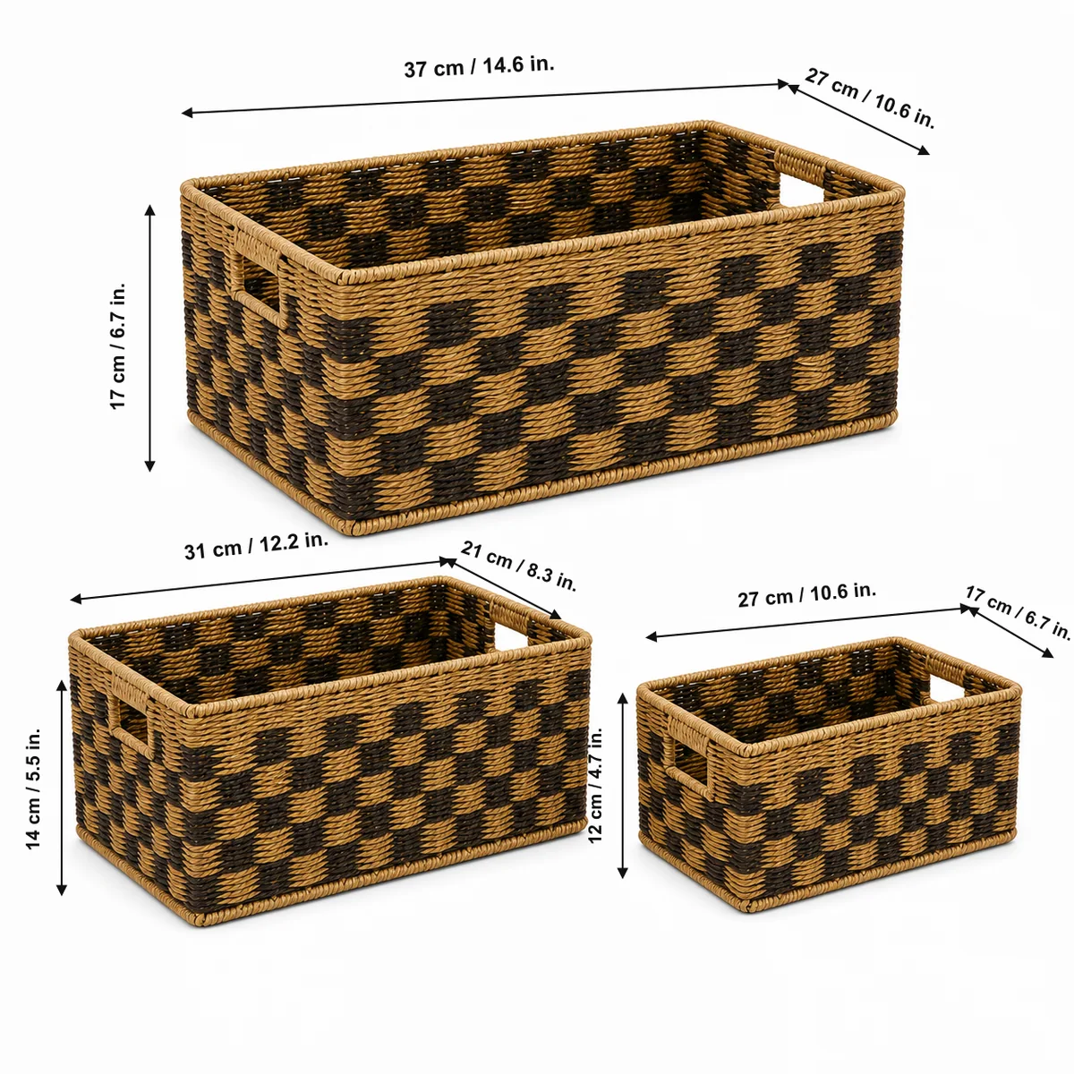 Natural and Dark Brown Wave Two-Tone Paper Rope Rectangular Nested Basket Set