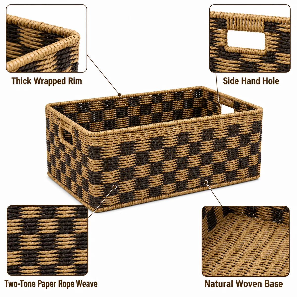 Natural and Dark Brown Wave Two-Tone Paper Rope Rectangular Nested Basket Set