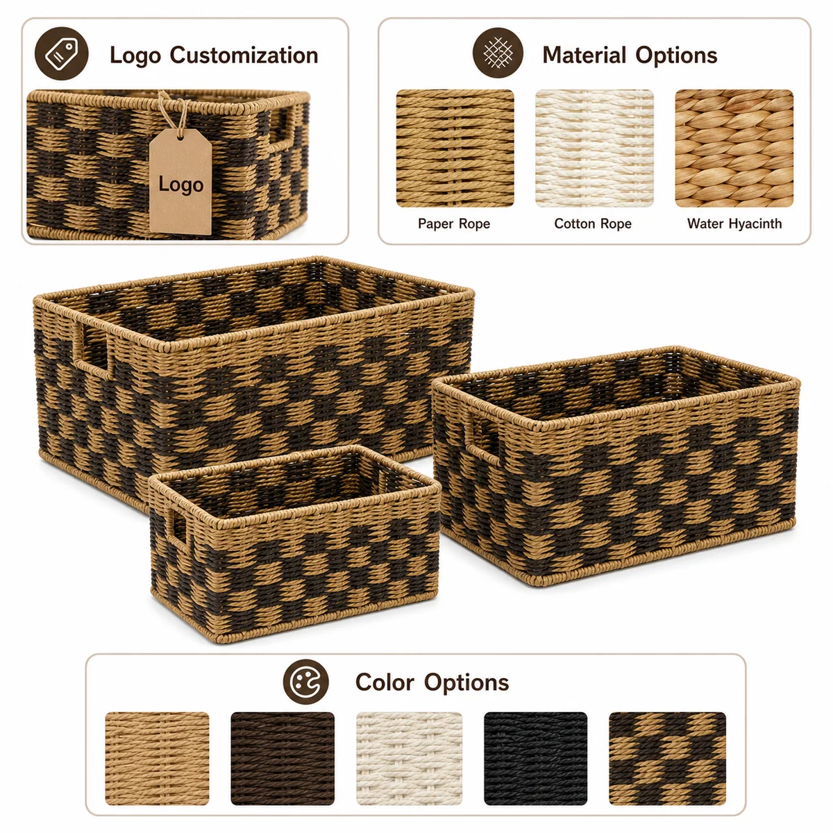 Natural and Dark Brown Wave Two-Tone Paper Rope Rectangular Nested Basket Set