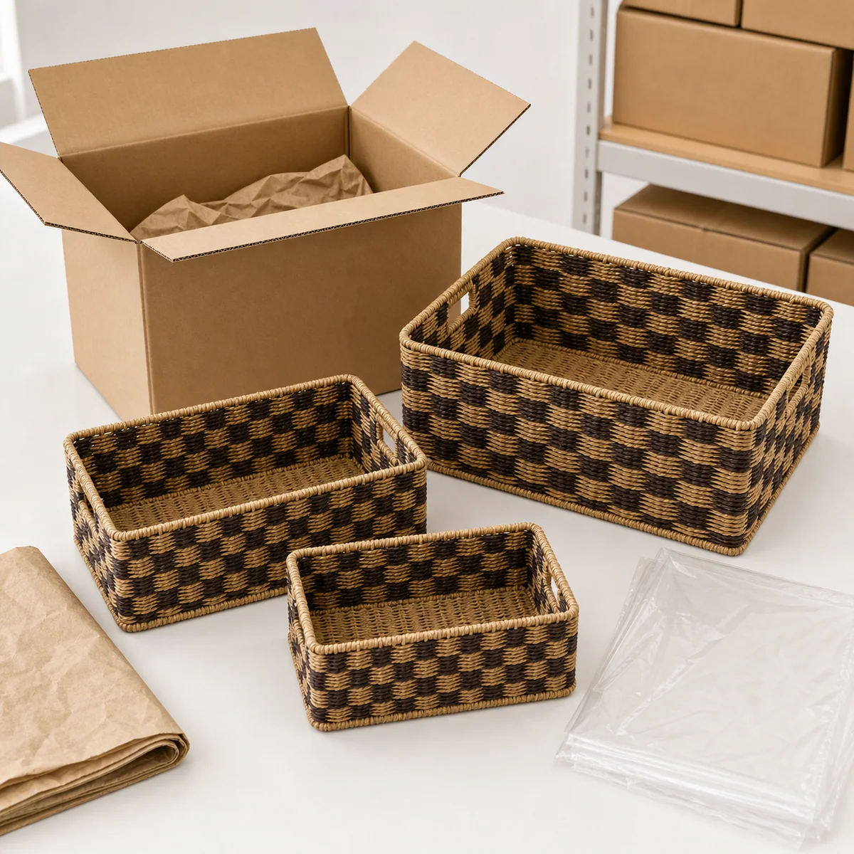 Natural and Dark Brown Wave Two-Tone Paper Rope Rectangular Nested Basket Set