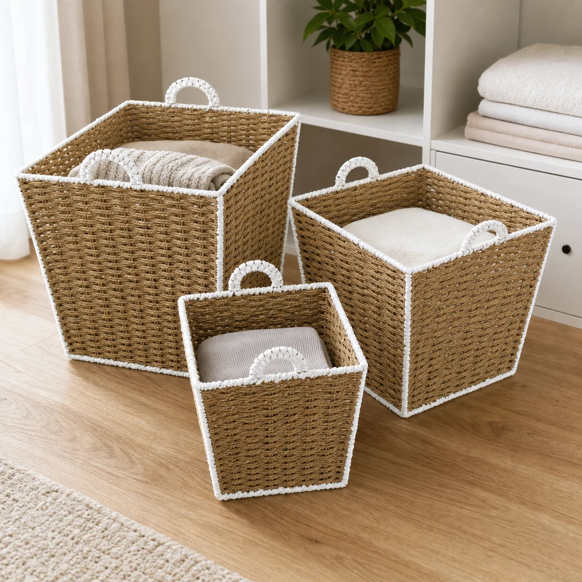 Natural Brown and White Paper Rope Tapered Square Nested Basket Set with Side Handles