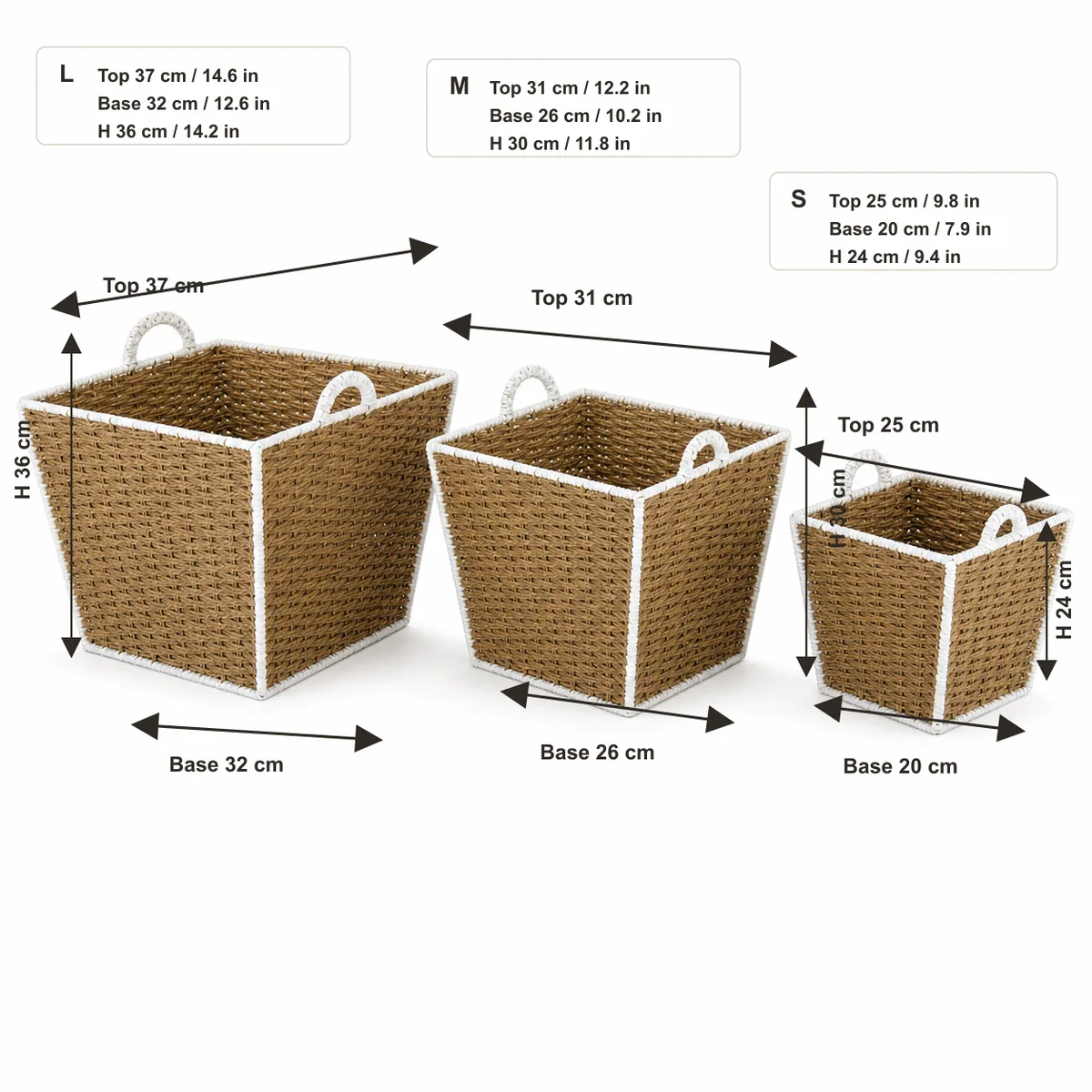 Natural Brown and White Paper Rope Tapered Square Nested Basket Set with Side Handles