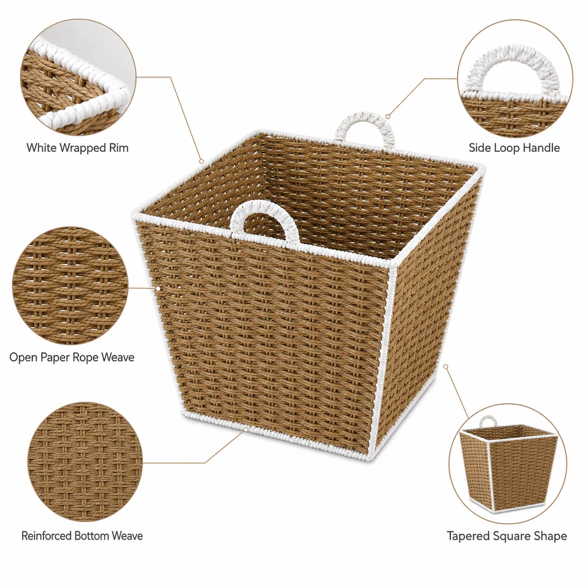Natural Brown and White Paper Rope Tapered Square Nested Basket Set with Side Handles