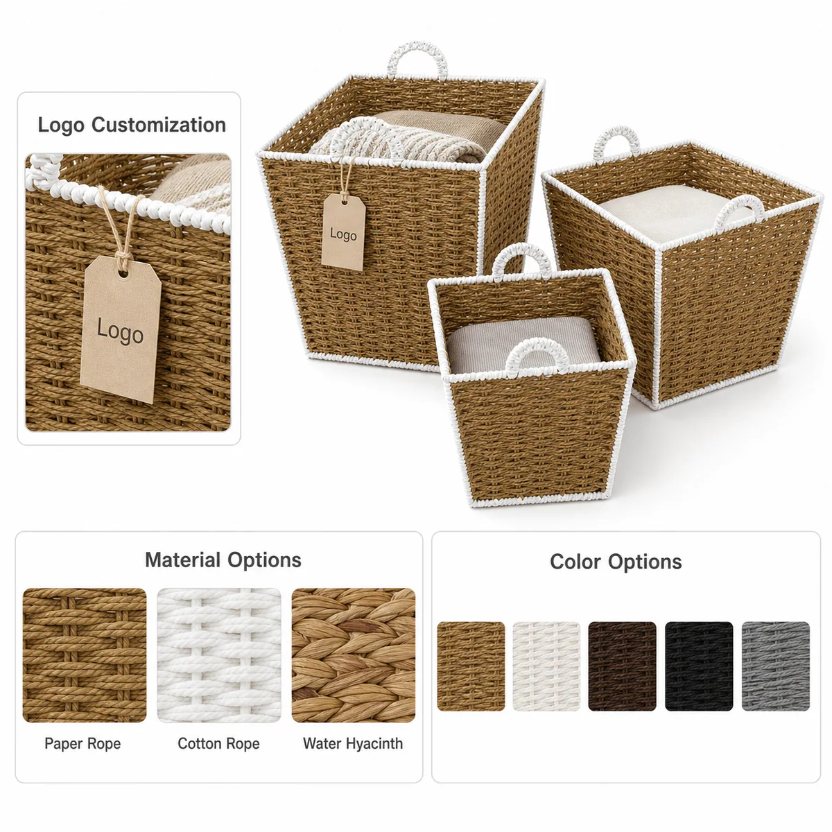Natural Brown and White Paper Rope Tapered Square Nested Basket Set with Side Handles