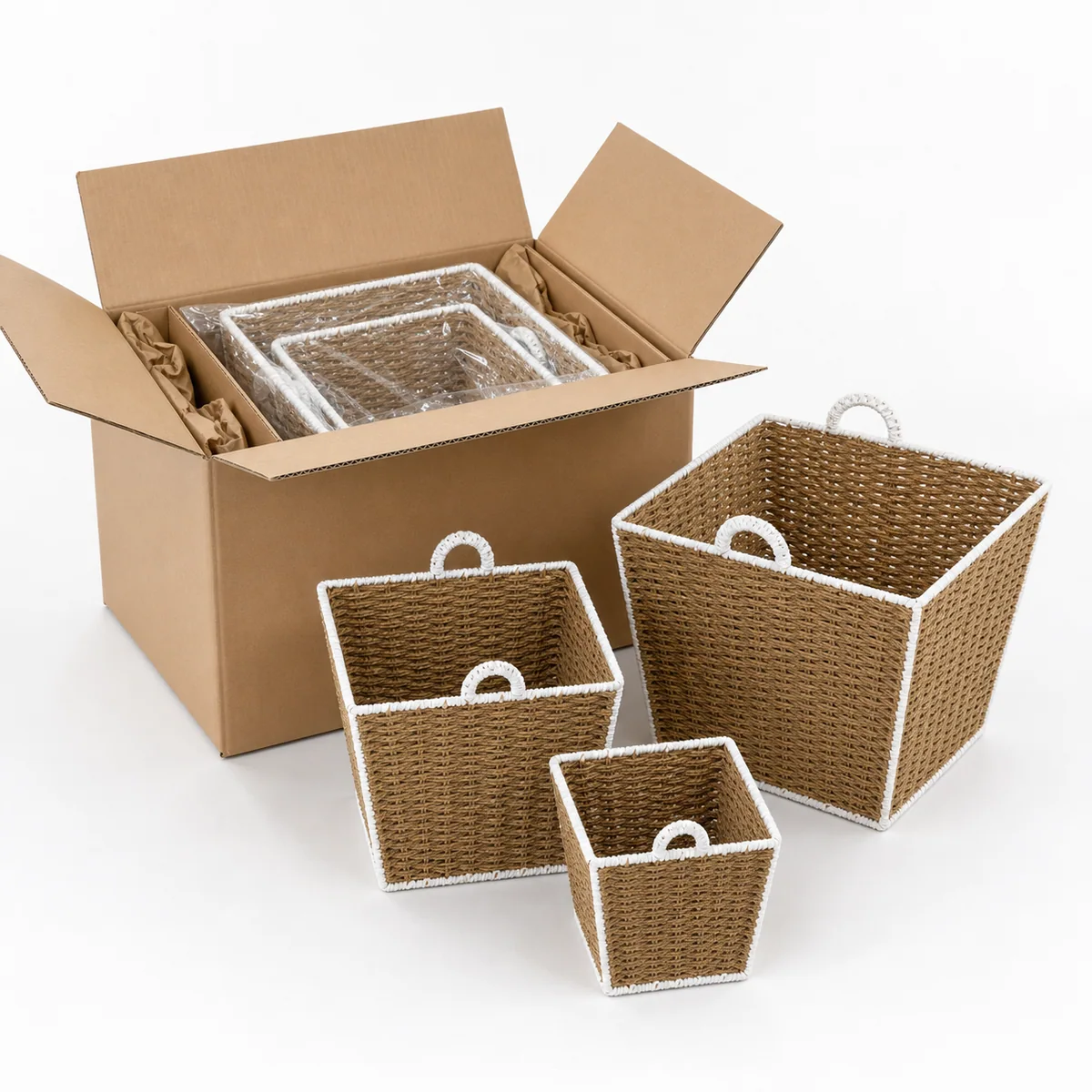 Natural Brown and White Paper Rope Tapered Square Nested Basket Set with Side Handles