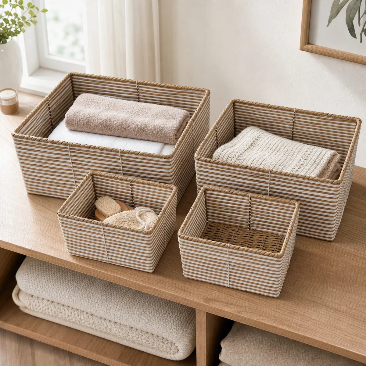 Natural Brown and White Stripe Paper Rope Rectangular 4-Piece Nested Basket Set