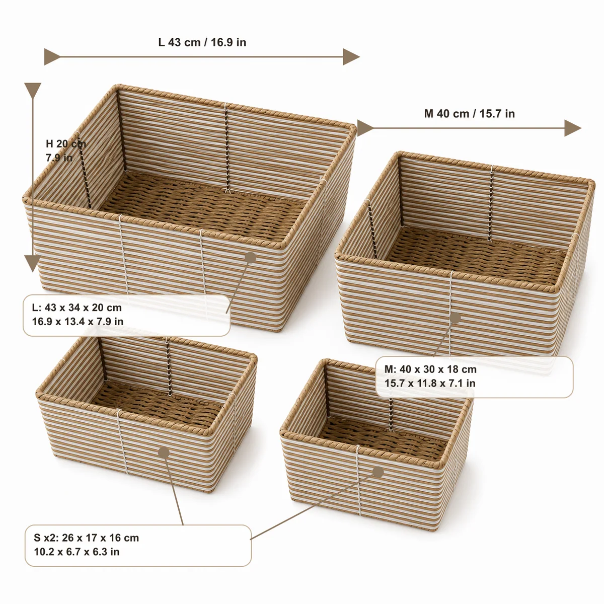 Natural Brown and White Stripe Paper Rope Rectangular 4-Piece Nested Basket Set