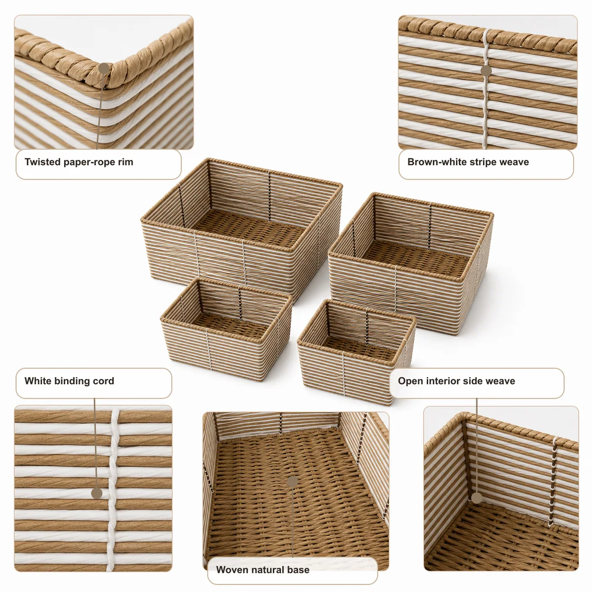 Natural Brown and White Stripe Paper Rope Rectangular 4-Piece Nested Basket Set