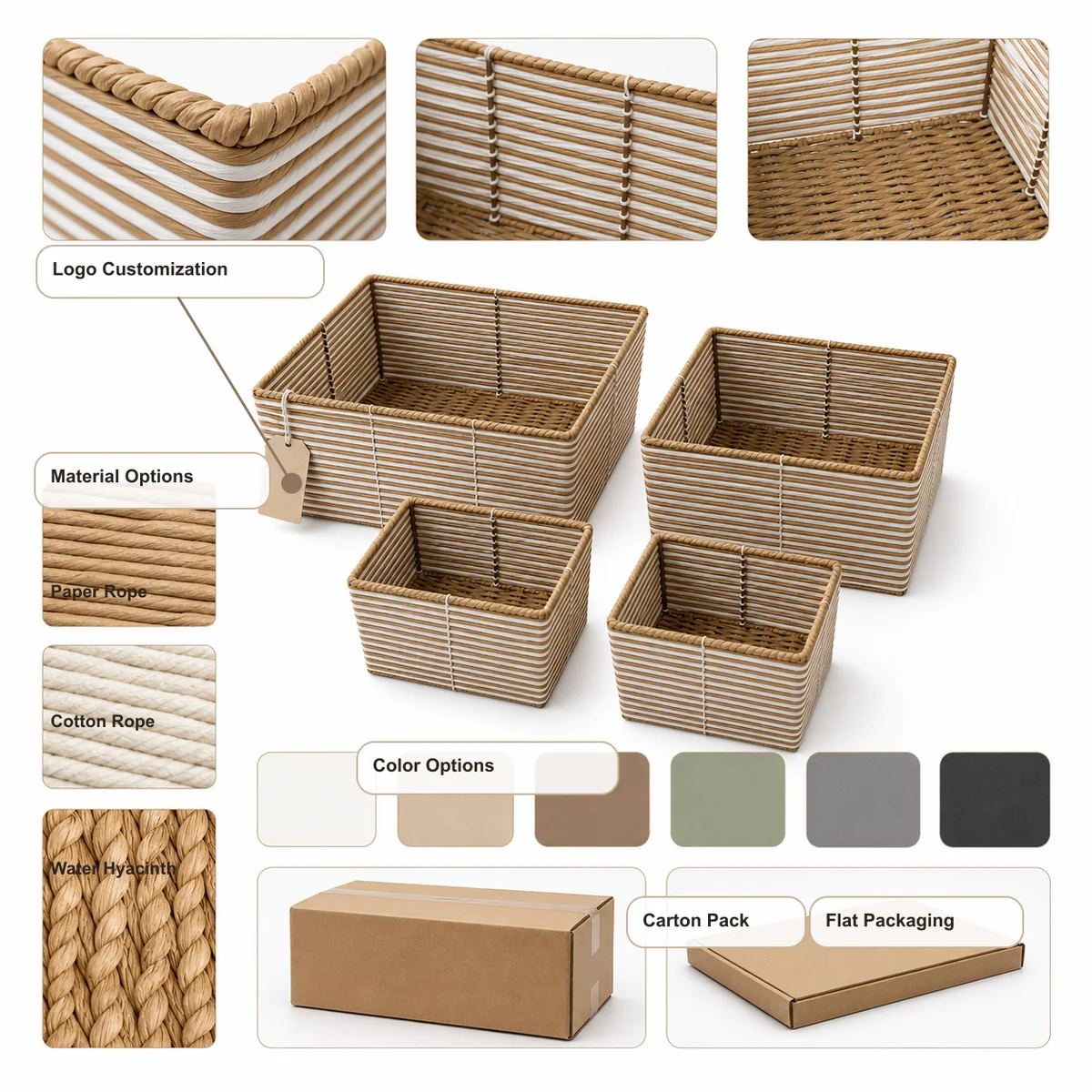 Natural Brown and White Stripe Paper Rope Rectangular 4-Piece Nested Basket Set