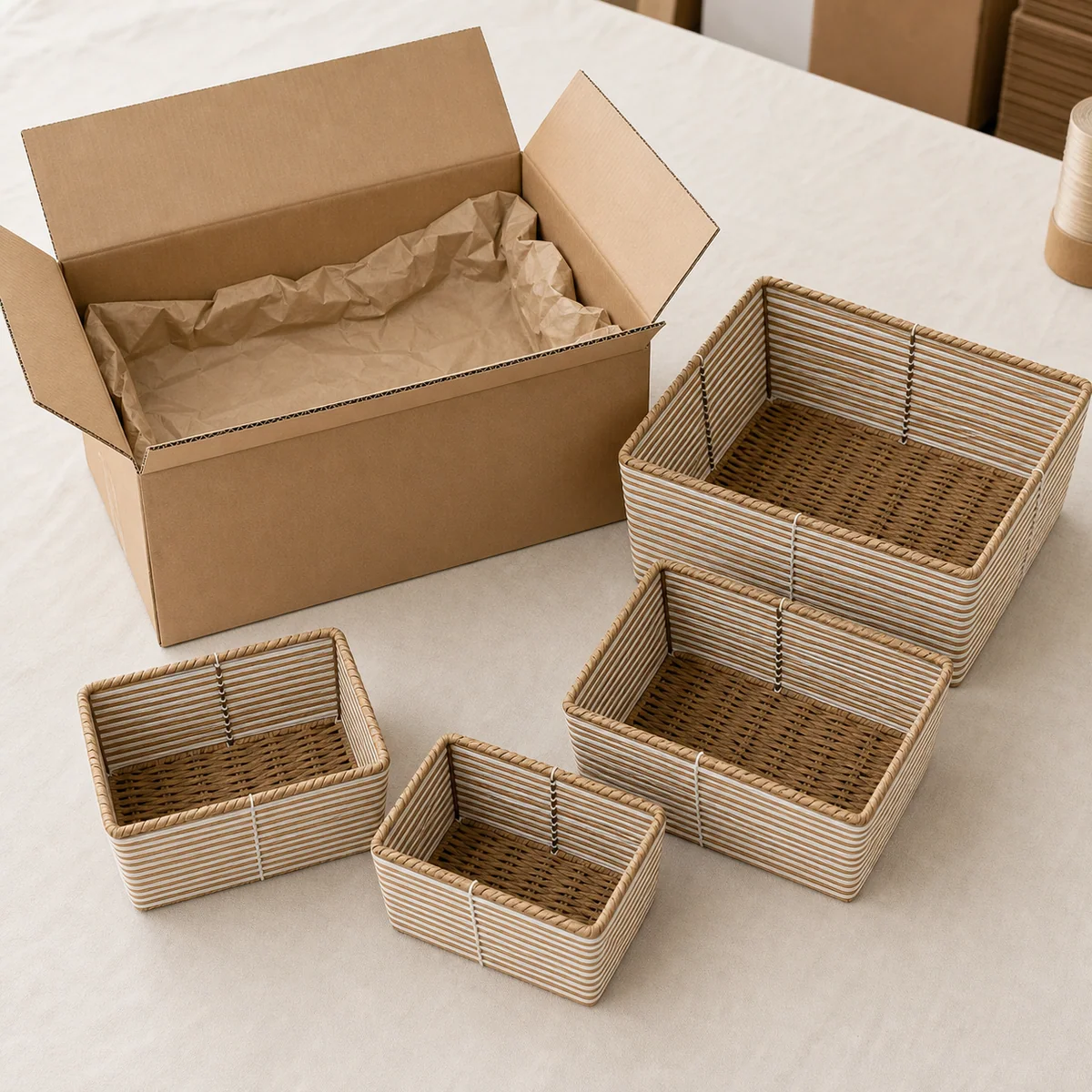 Natural Brown and White Stripe Paper Rope Rectangular 4-Piece Nested Basket Set