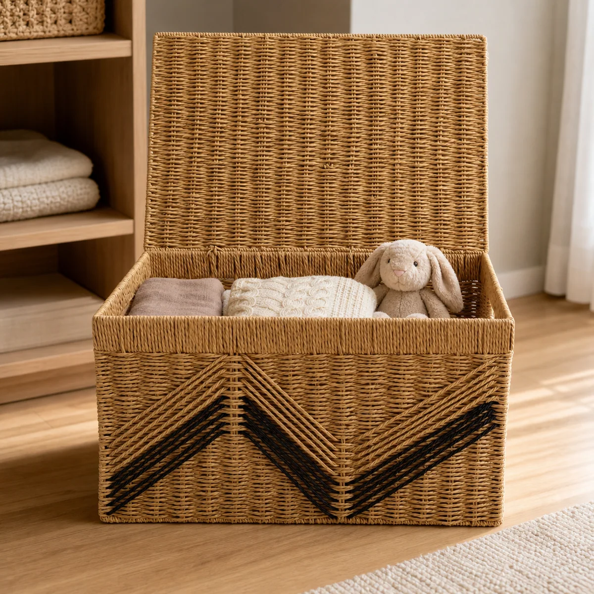 Natural Brown Paper Rope Rectangular Lidded Storage Trunk with Black V-Pattern Accent