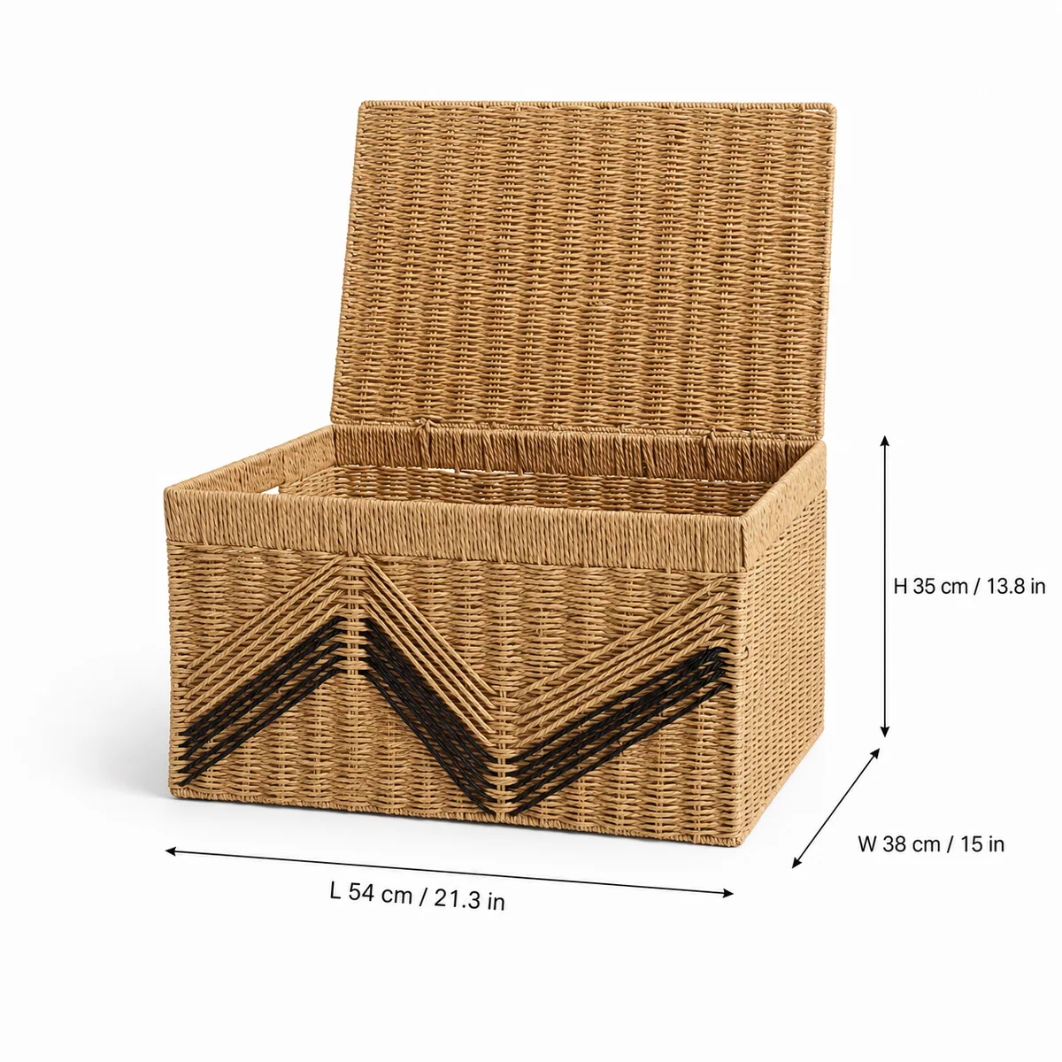 Natural Brown Paper Rope Rectangular Lidded Storage Trunk with Black V-Pattern Accent
