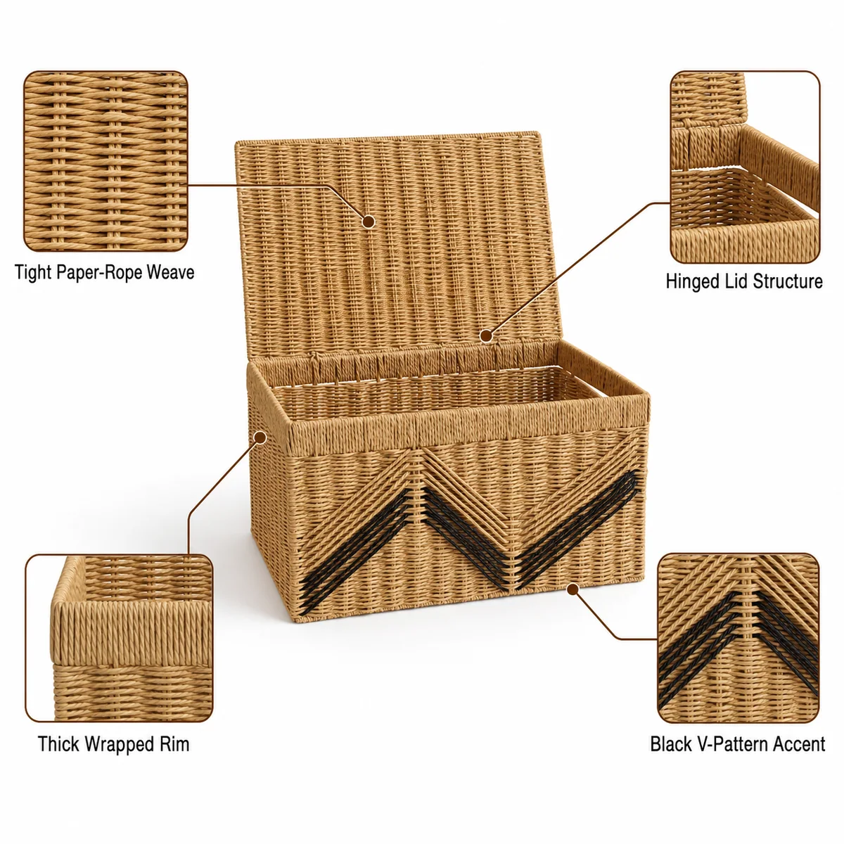 Natural Brown Paper Rope Rectangular Lidded Storage Trunk with Black V-Pattern Accent