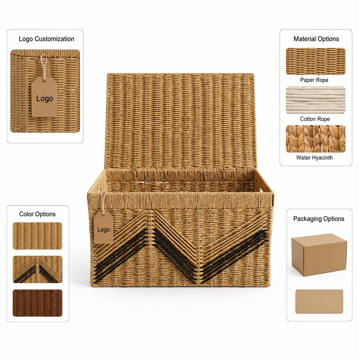 Natural Brown Paper Rope Rectangular Lidded Storage Trunk with Black V-Pattern Accent